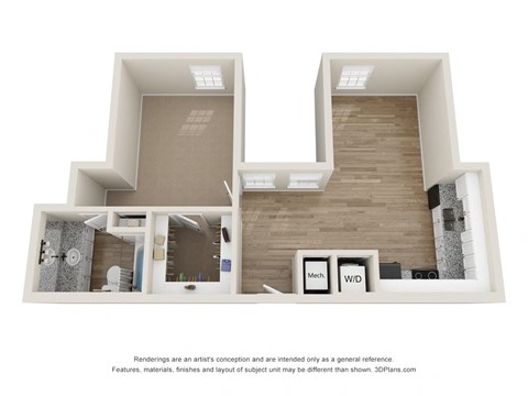 a stylized floor plan of a 1 bedroom apartment